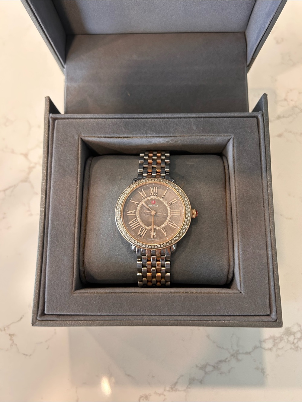Michele Two-Tone Diamond Bezel Watch with Brown Dial